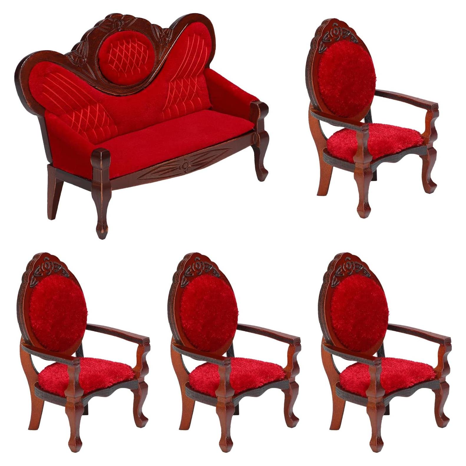 5 Piezas Muebles Casa de Muñecas Vintage Sosation Sofá Rojo