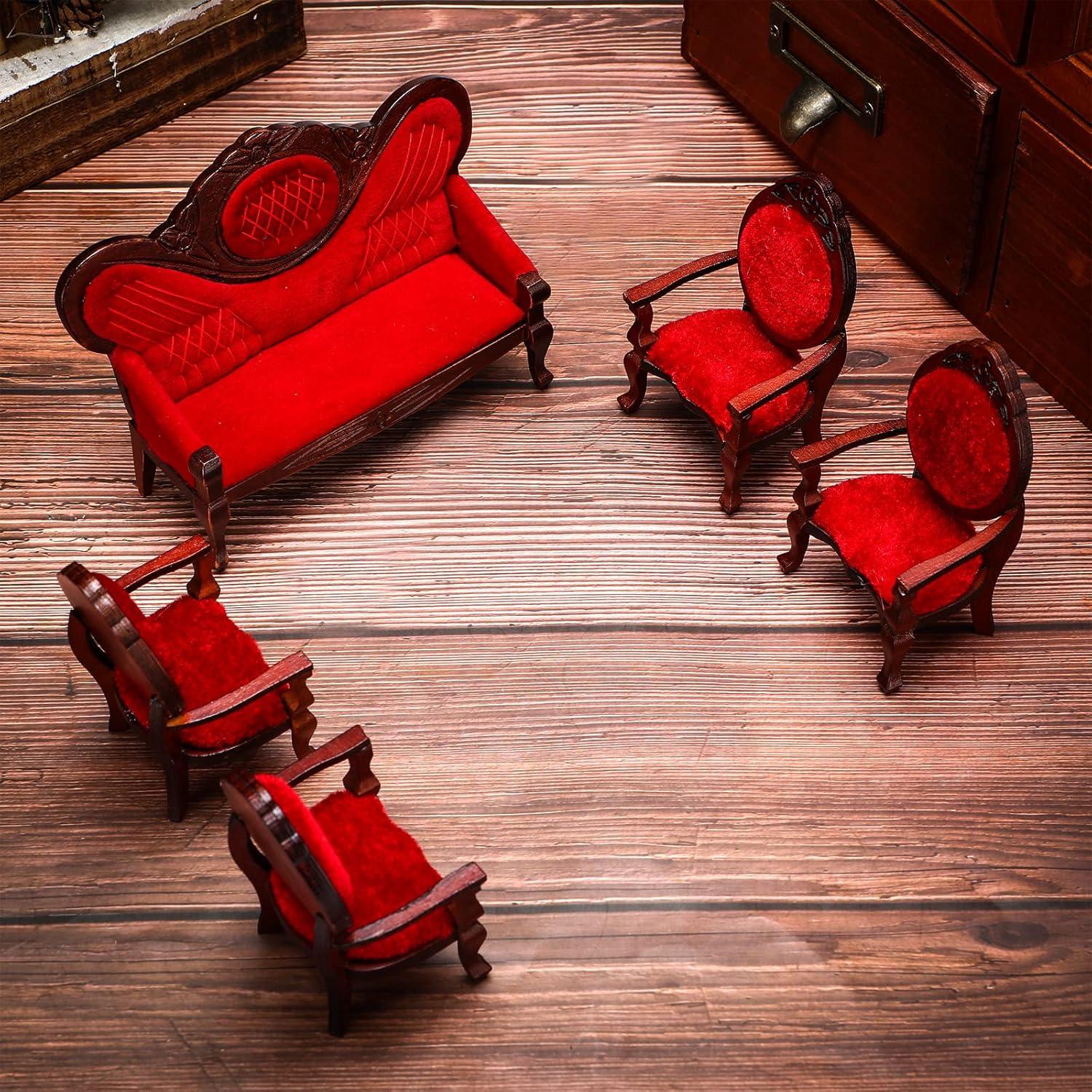 5 Piezas Muebles Casa de Muñecas Vintage Sosation Sofá Rojo