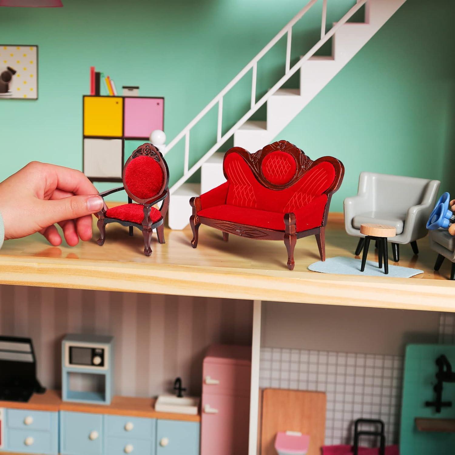 5 Piezas Muebles Casa de Muñecas Vintage Sosation Sofá Rojo