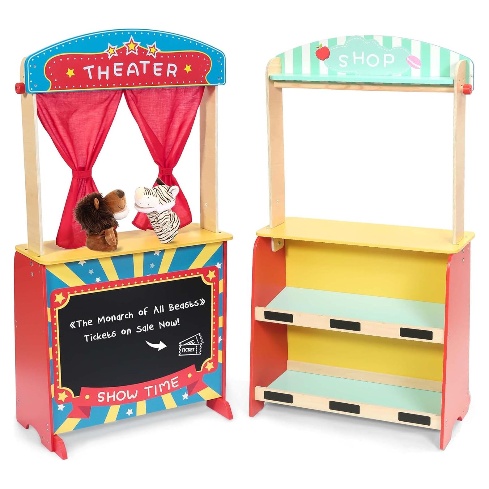 Teatro de Marionetas de Madera Rundad con 2 Marionetas y Puesto