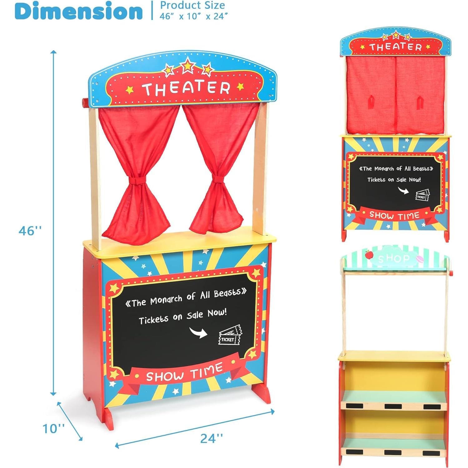 Teatro de Marionetas de Madera Rundad con 2 Marionetas y Puesto