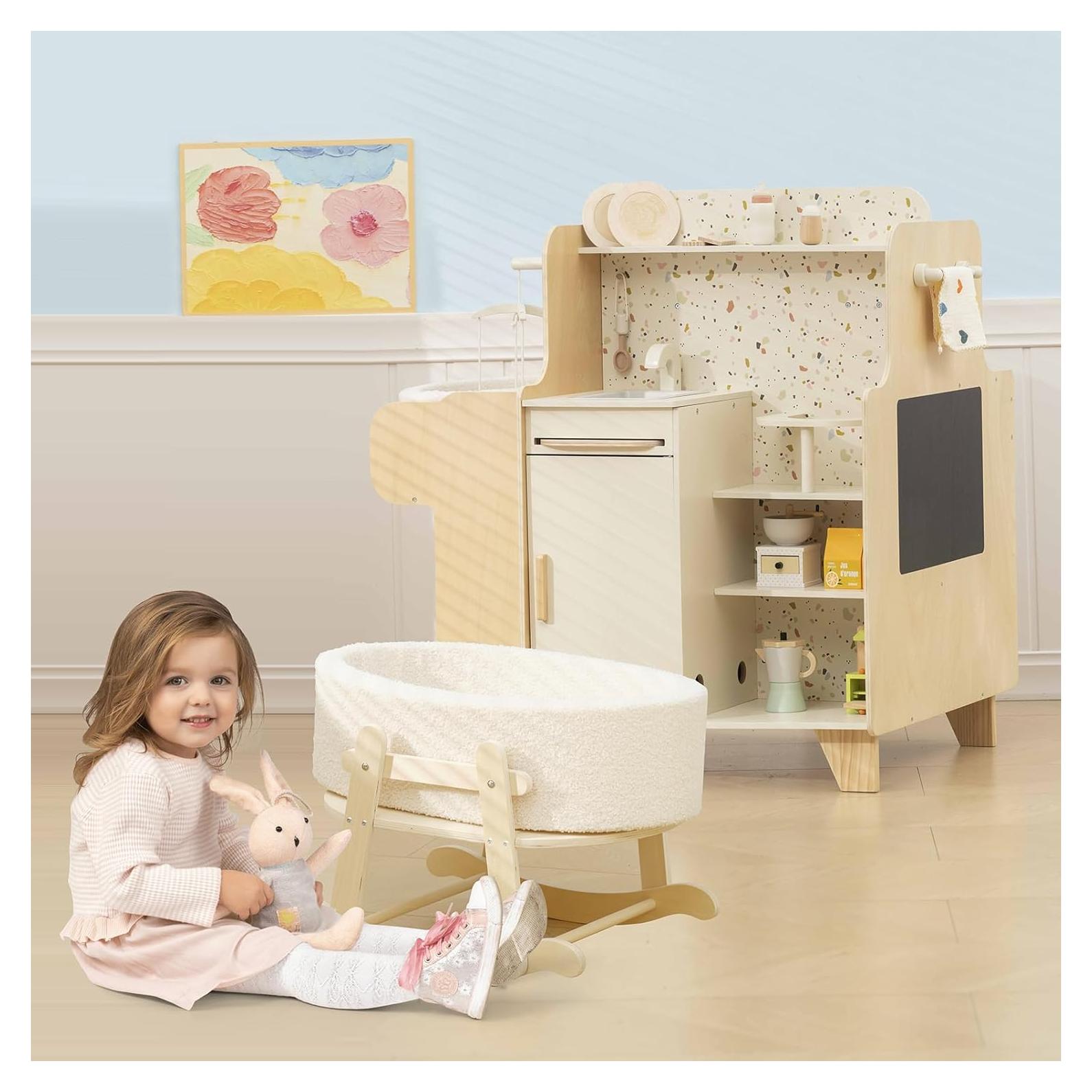 Cuna de Muñeca de Madera + Juego de Cuidado de Bebé 4 en 1