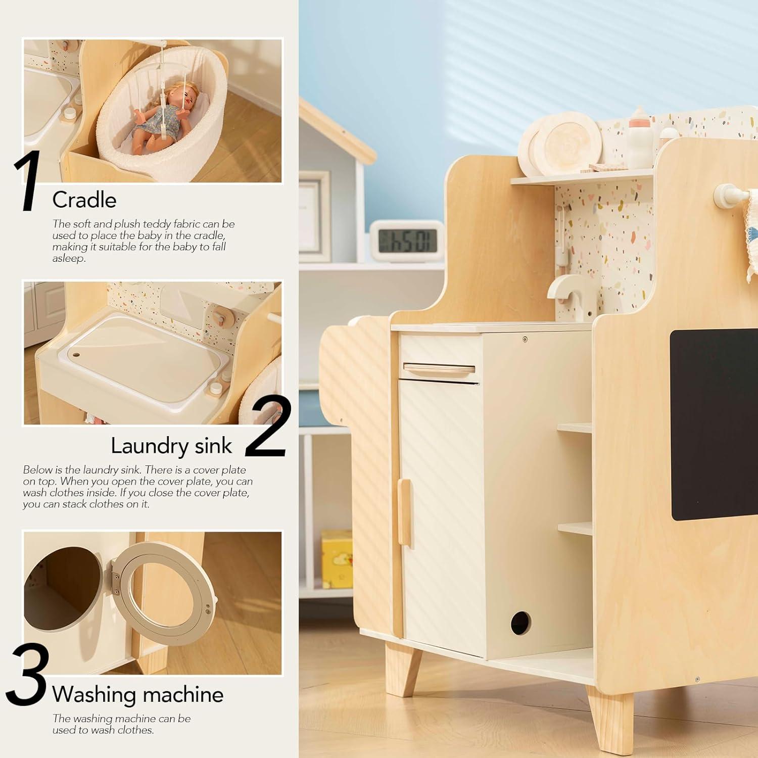 Cuna de Muñeca de Madera + Juego de Cuidado de Bebé 4 en 1