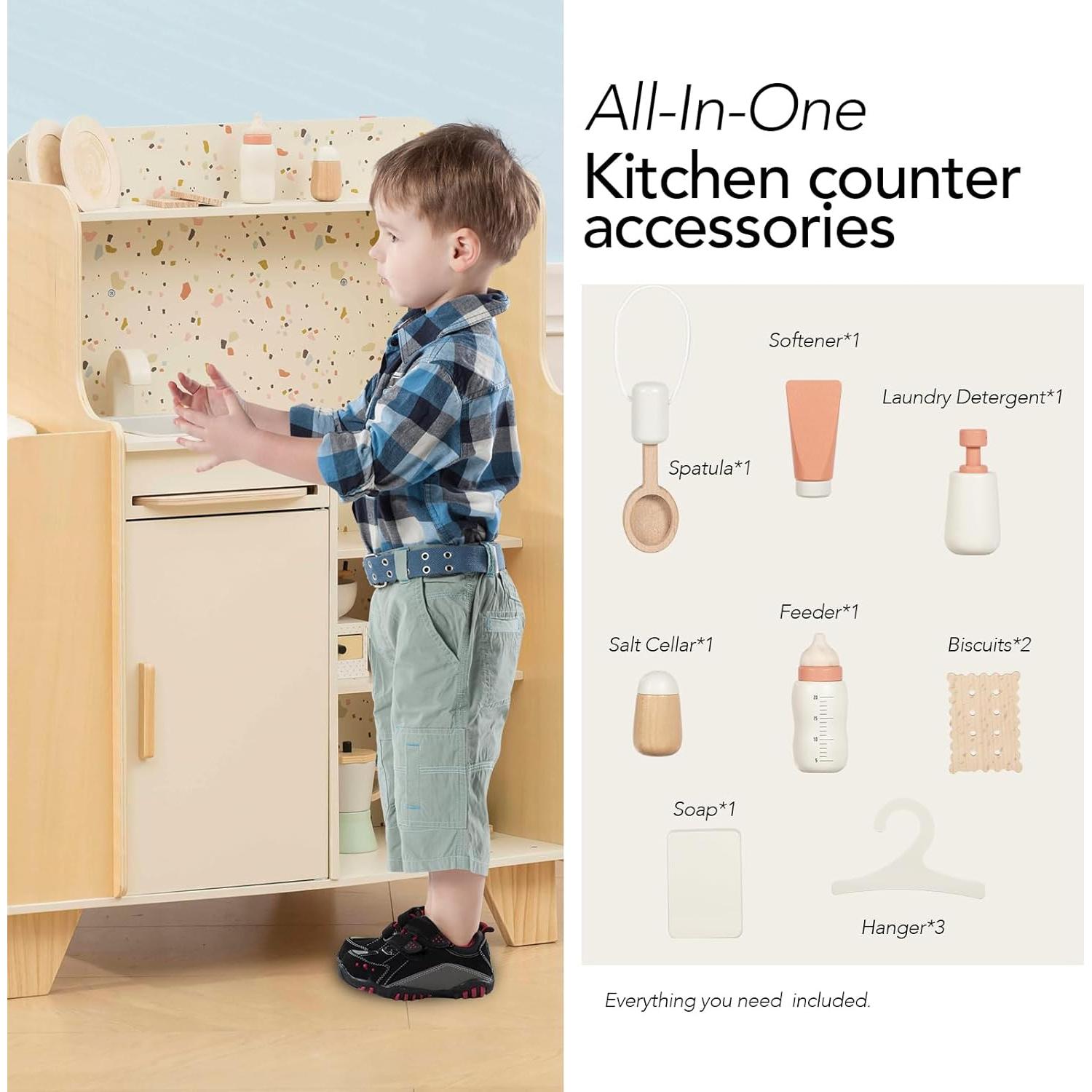 Cuna de Muñeca de Madera + Juego de Cuidado de Bebé 4 en 1