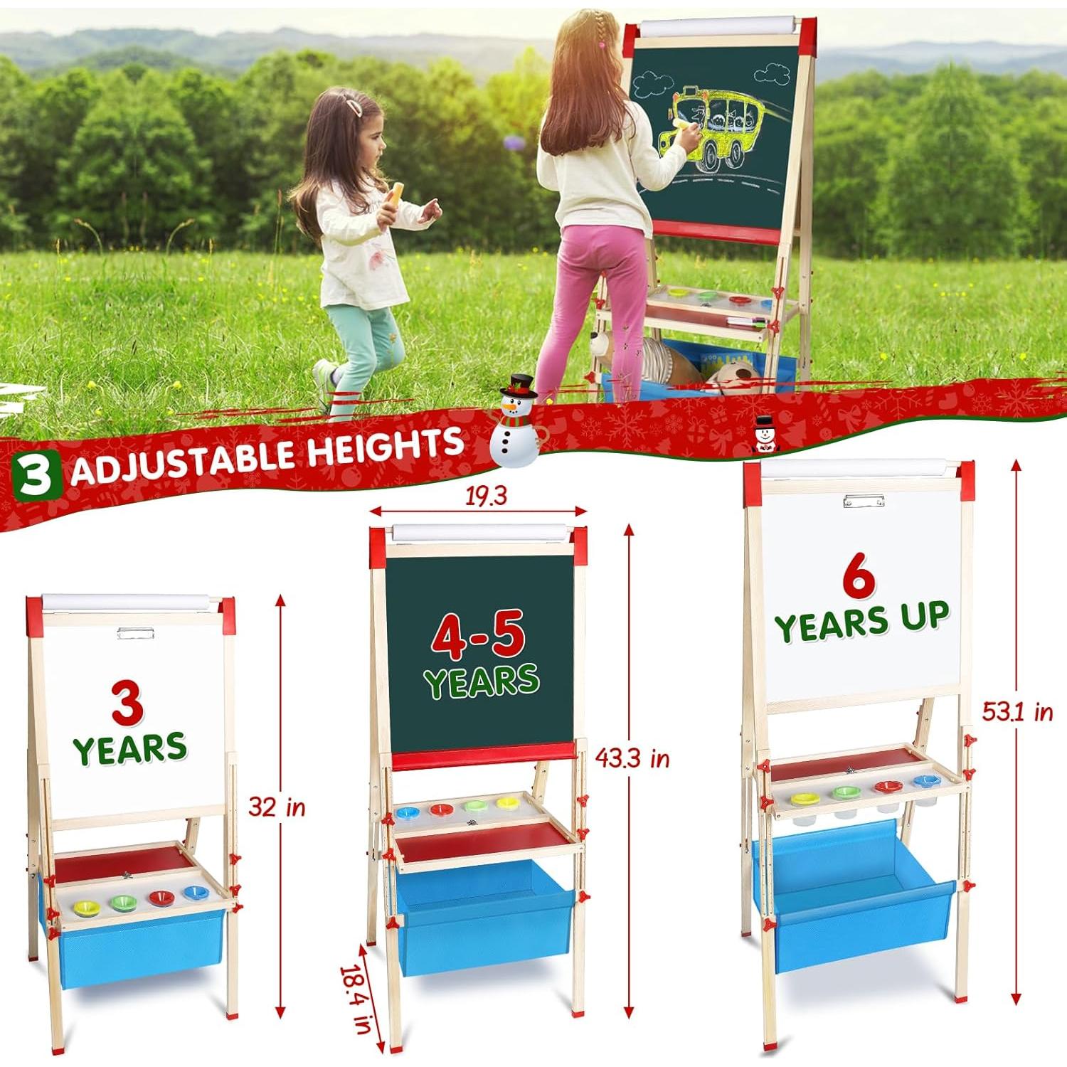 Caballete de Madera Ajustable WOSTOO 3 en 1 para Niños 2-8 Años