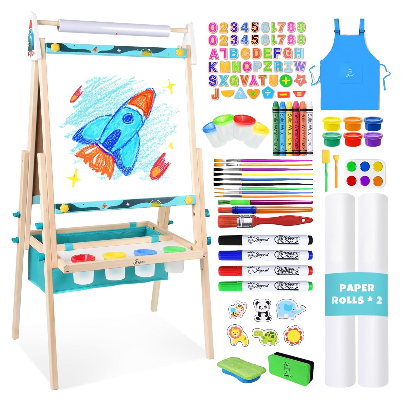 Joyooss Art Easel for Kids,Double Sided Wooden with 98+ Accessories Kids Easel Drawing Board with Magnetic Chalkboard,Dry Erase White Board & Paper Roll Paint Art Easel for Kid Age 2-4 4-8 9-12