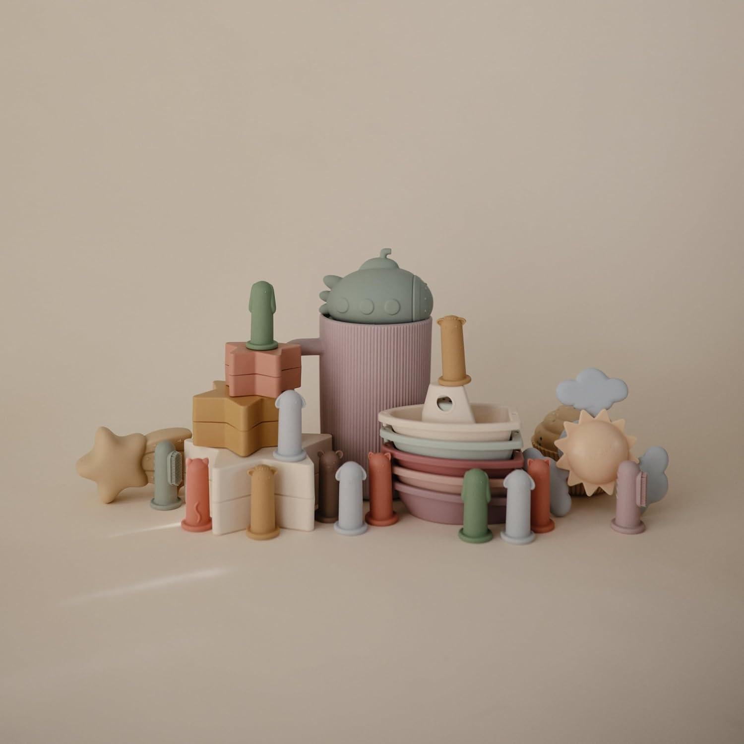 Títeres de dedo de silicona Mushie 5-pack para niños