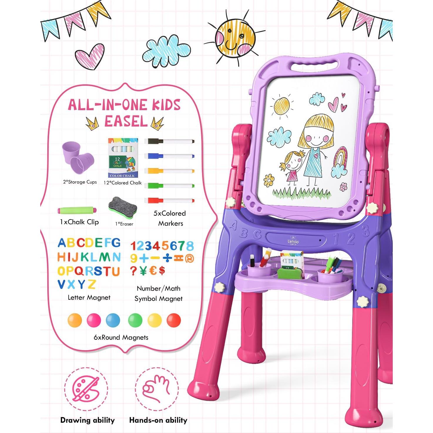 Lehoo Castle Easel for Kids, Toys for 2 Year Old Girl, Art Easel Toddler, Double Sided White Chalk Board, Gifts for 3 4 Year Old Girls 2-4 Christmas