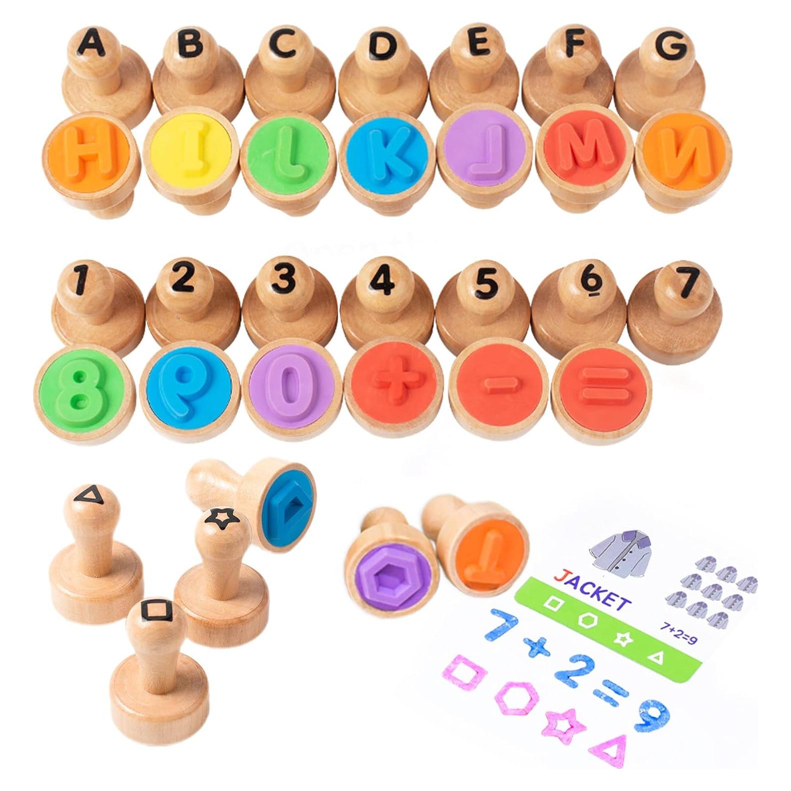 Juego de Sellos de Letras y Números Montessori - 26 Letras, 10 Números, 6 Formas
