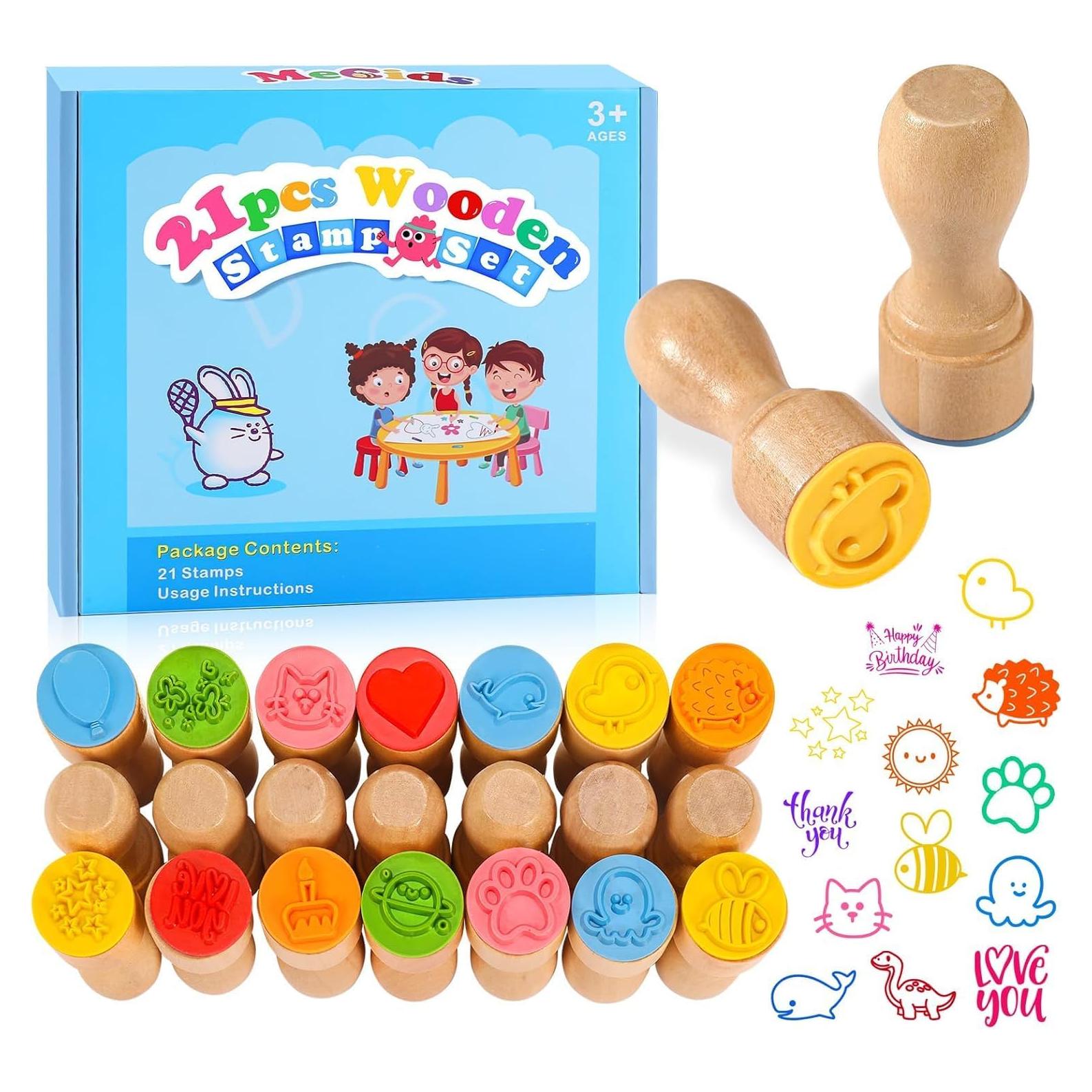 Set de 21 Sellos de Madera MeCids para Niños - Animales y Arcoíris