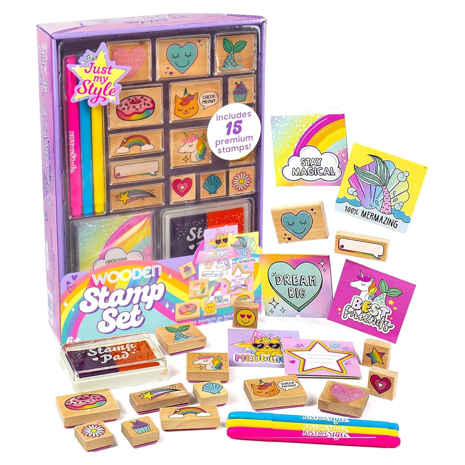 Juego de Sellos de Madera Horizon Group USA - 15 Sellos, 6 Tarjetas, 3 Marcadores