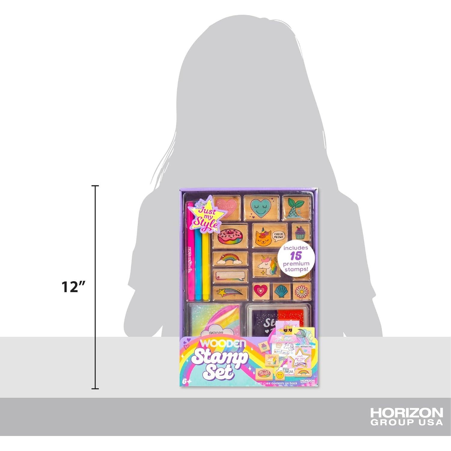 Juego de Sellos de Madera Horizon Group USA - 15 Sellos, 6 Tarjetas, 3 Marcadores