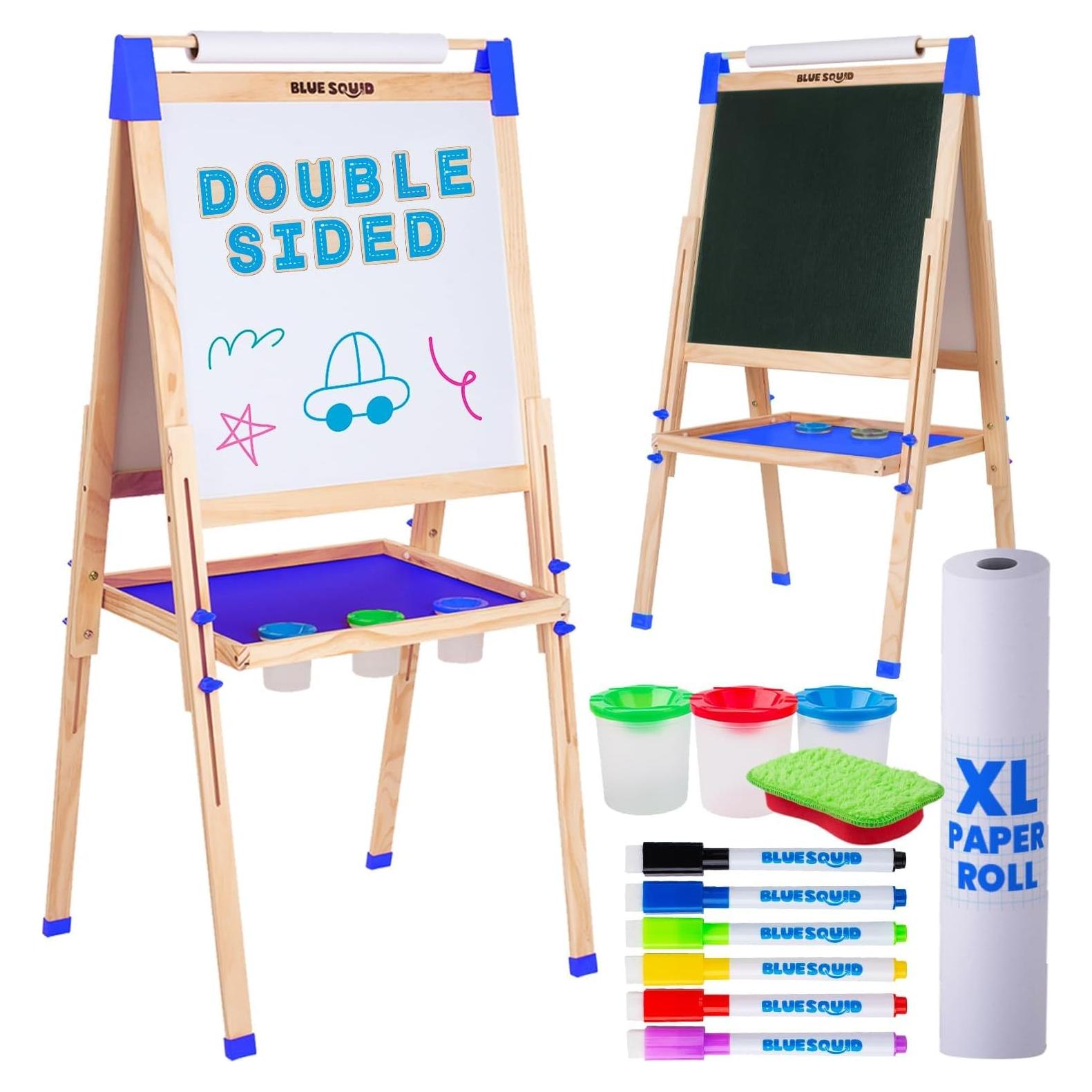 Blue Squid Art Easel for Kids, Easels for Toddlers | Adjustable Art Easel with Paper Roll, Magnetic Kid Chalkboard Easel Double Sided, Toddler White Board Toddler Easel for Kids + Accessories
