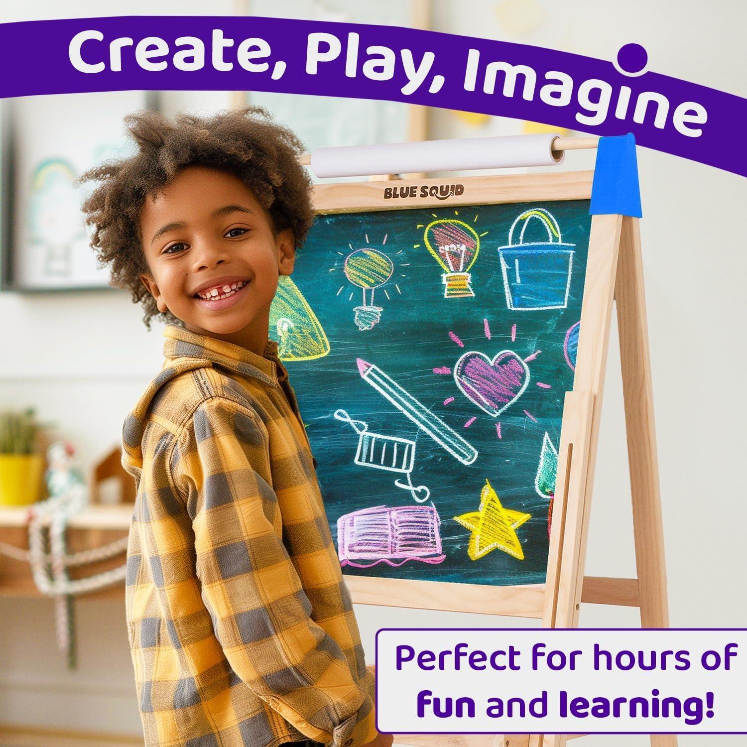 Blue Squid Art Easel for Kids, Easels for Toddlers | Adjustable Art Easel with Paper Roll, Magnetic Kid Chalkboard Easel Double Sided, Toddler White Board Toddler Easel for Kids + Accessories