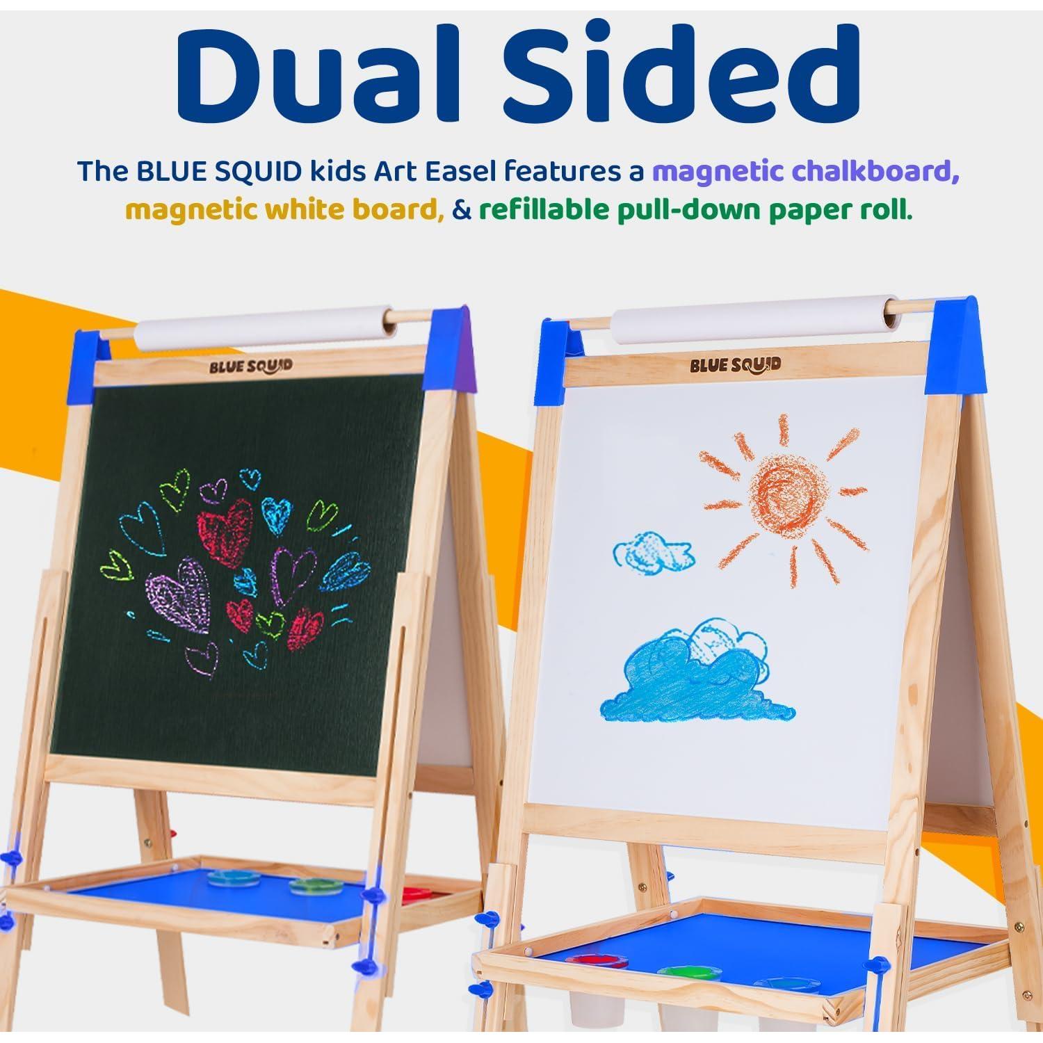 Blue Squid Art Easel for Kids, Easels for Toddlers | Adjustable Art Easel with Paper Roll, Magnetic Kid Chalkboard Easel Double Sided, Toddler White Board Toddler Easel for Kids + Accessories