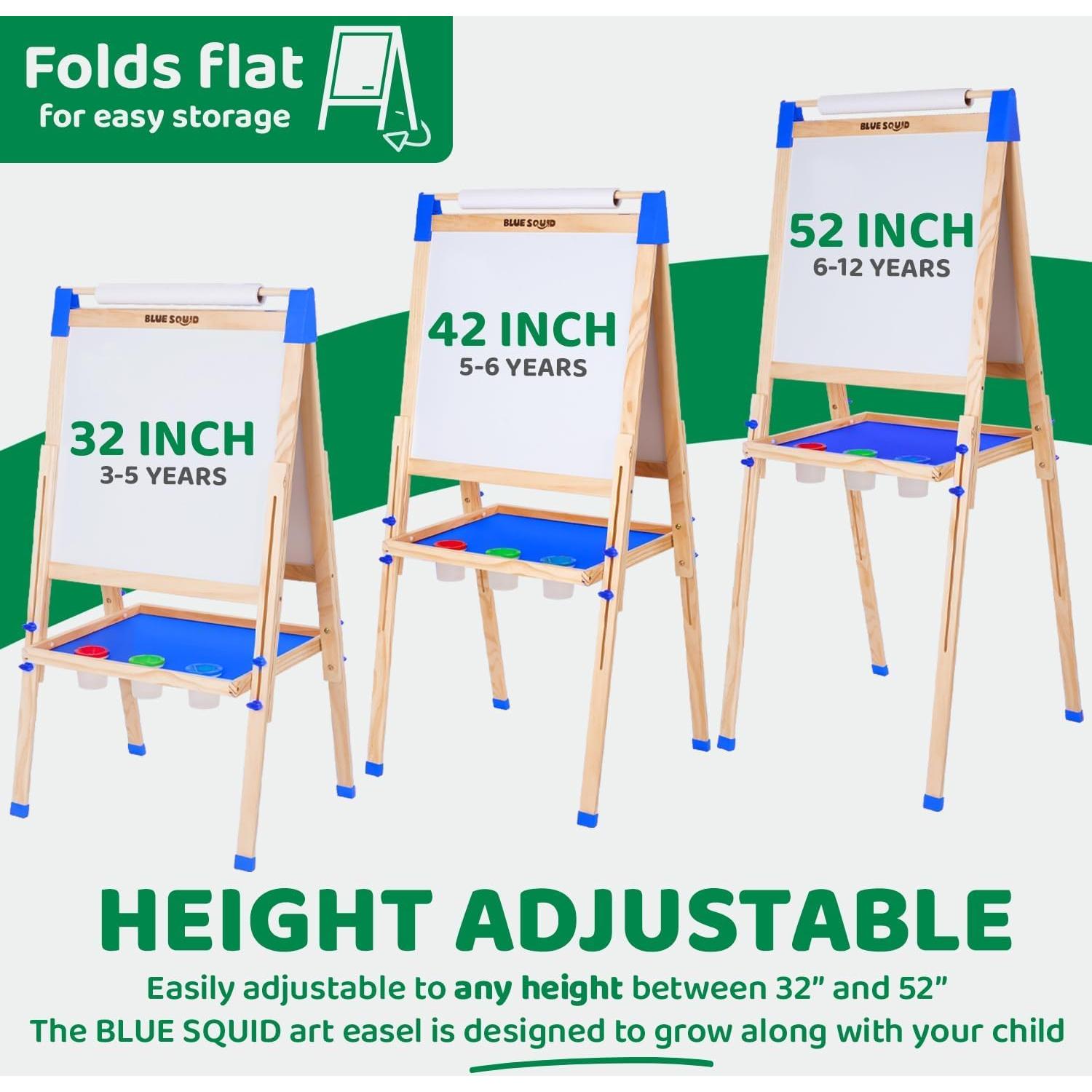 Blue Squid Art Easel for Kids, Easels for Toddlers | Adjustable Art Easel with Paper Roll, Magnetic Kid Chalkboard Easel Double Sided, Toddler White Board Toddler Easel for Kids + Accessories