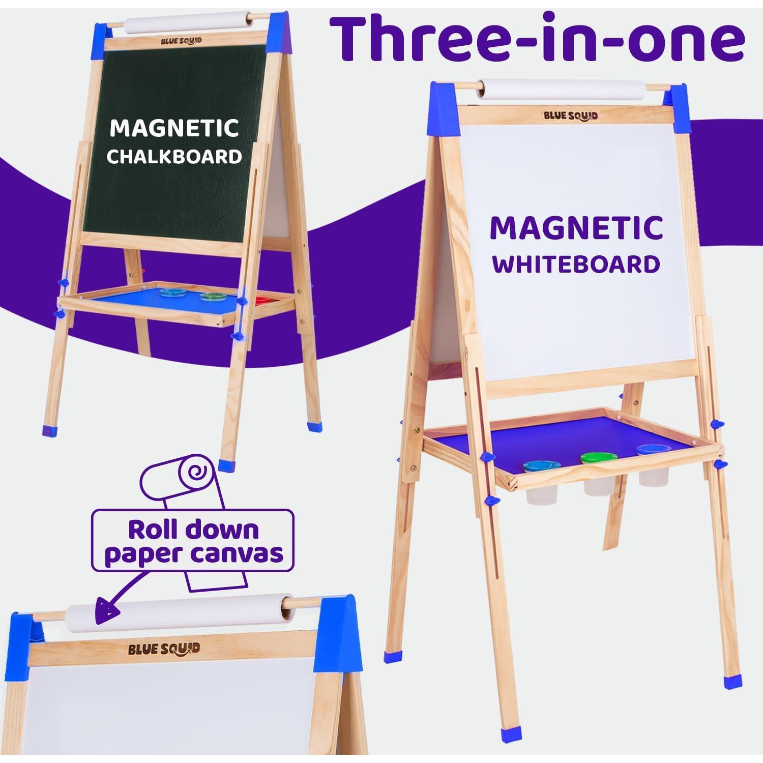 Blue Squid Art Easel for Kids, Easels for Toddlers | Adjustable Art Easel with Paper Roll, Magnetic Kid Chalkboard Easel Double Sided, Toddler White Board Toddler Easel for Kids + Accessories