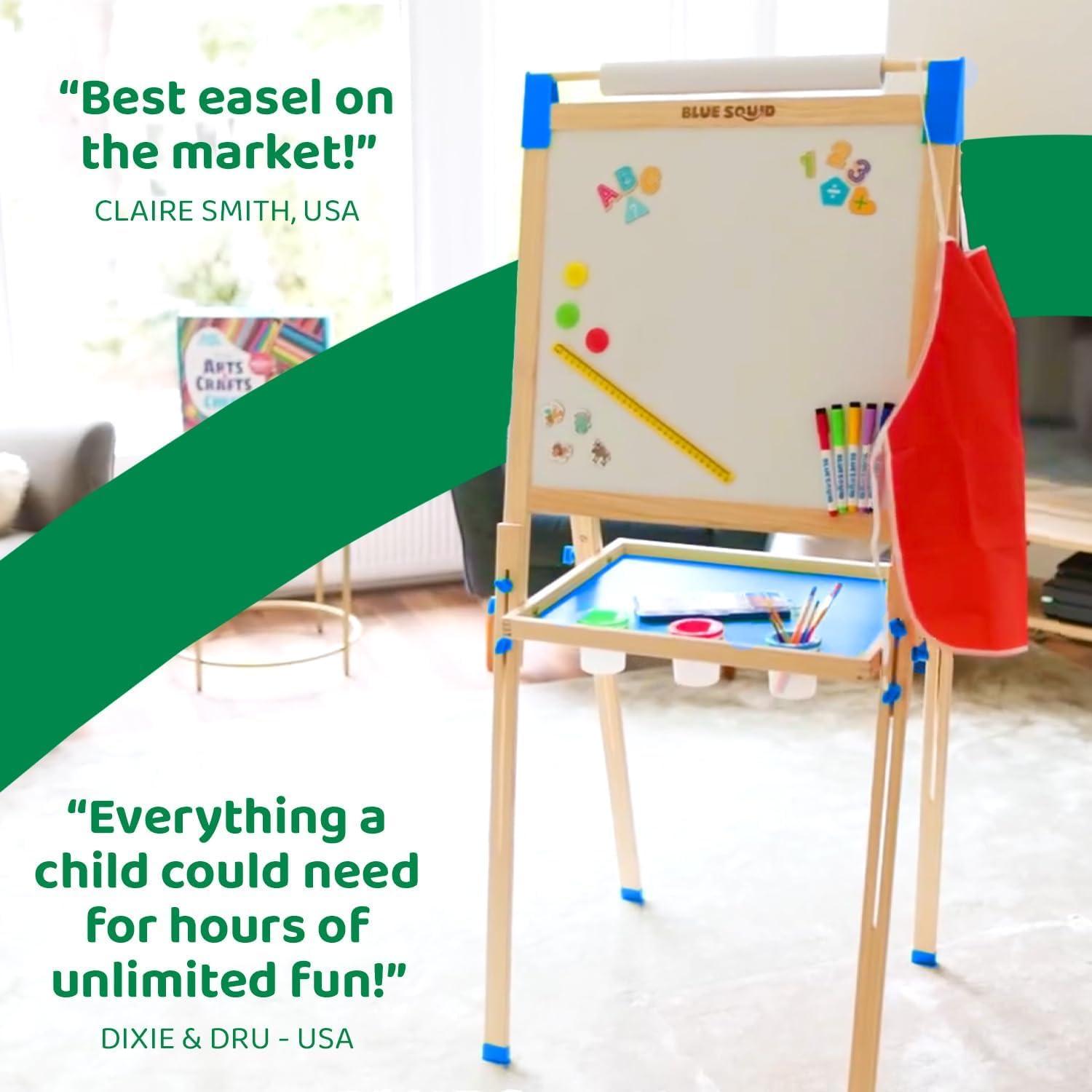 Blue Squid Art Easel for Kids, Easels for Toddlers | Adjustable Art Easel with Paper Roll, Magnetic Kid Chalkboard Easel Double Sided, Toddler White Board Toddler Easel for Kids + Accessories