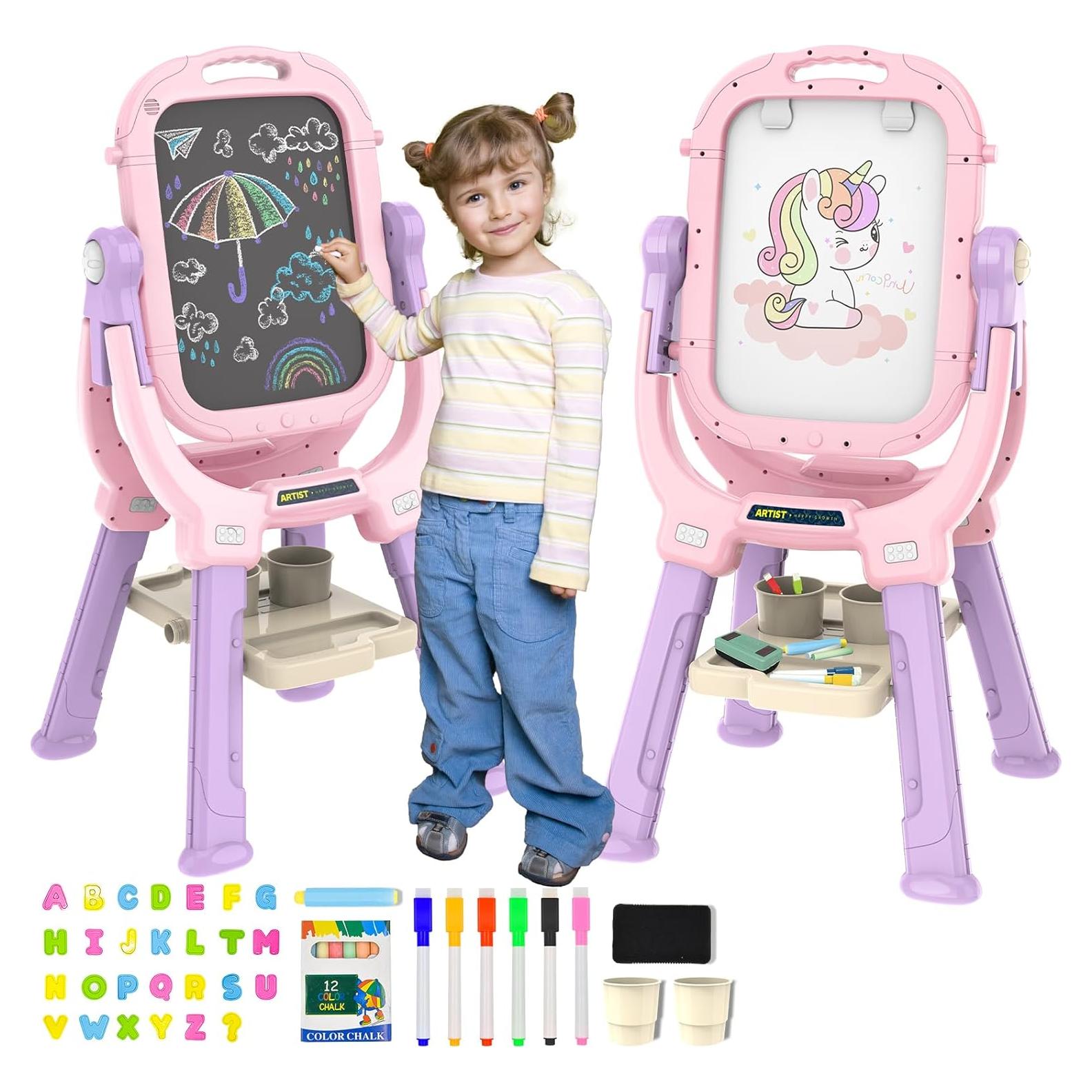 Caballete de Arte PUPPSITTY Rosa Ajustable Doble Cara 3-7 Años