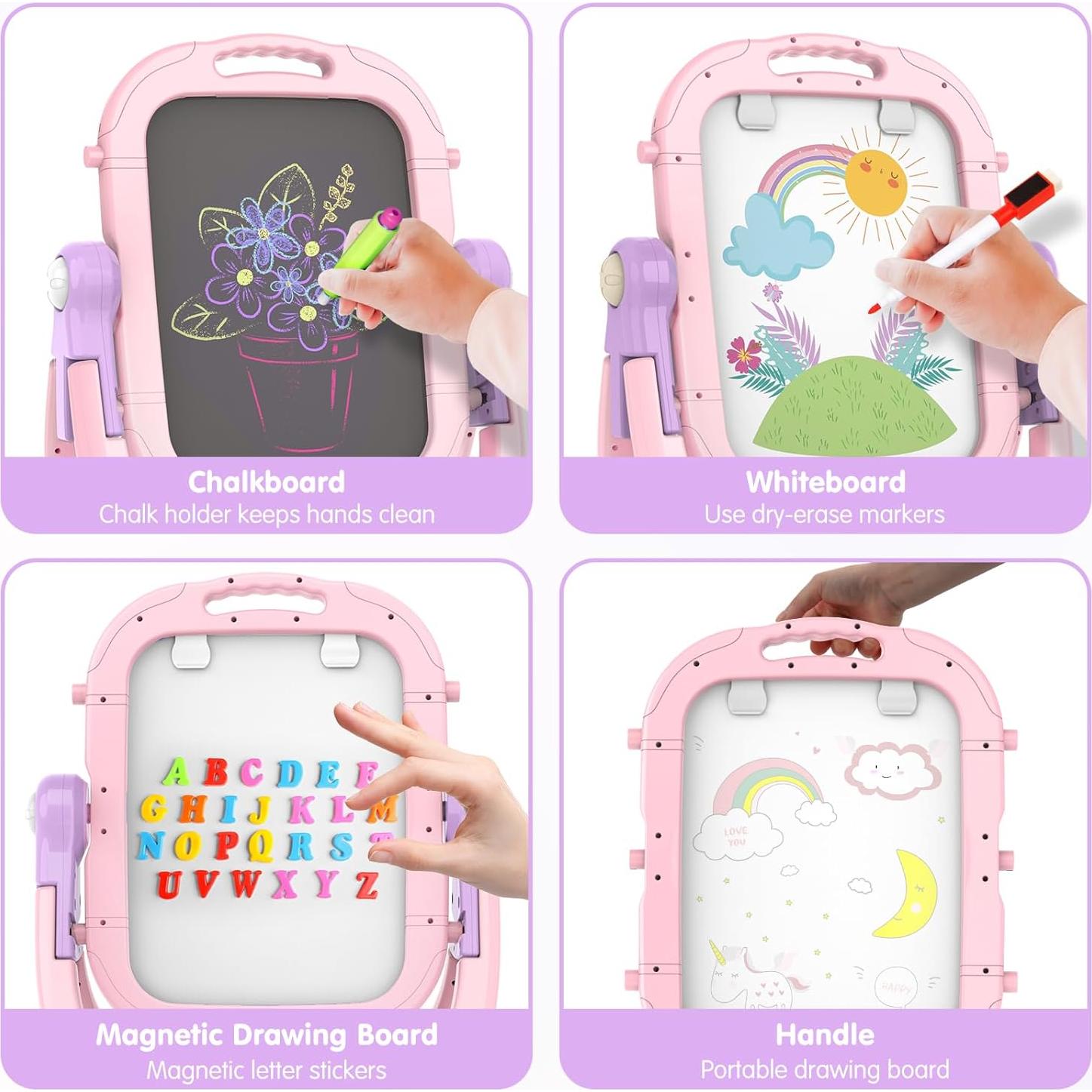 Caballete de Arte PUPPSITTY Rosa Ajustable Doble Cara 3-7 Años