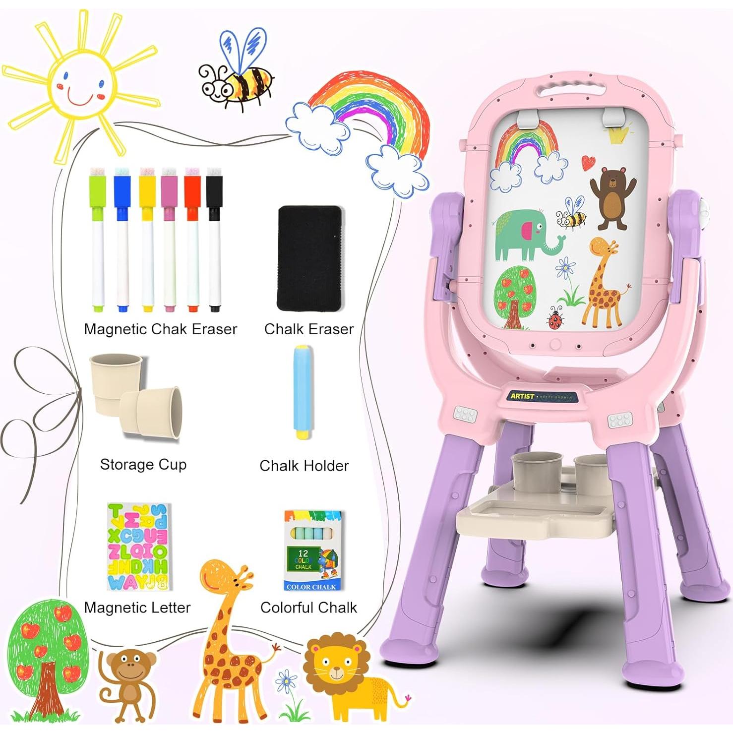 Caballete de Arte PUPPSITTY Rosa Ajustable Doble Cara 3-7 Años