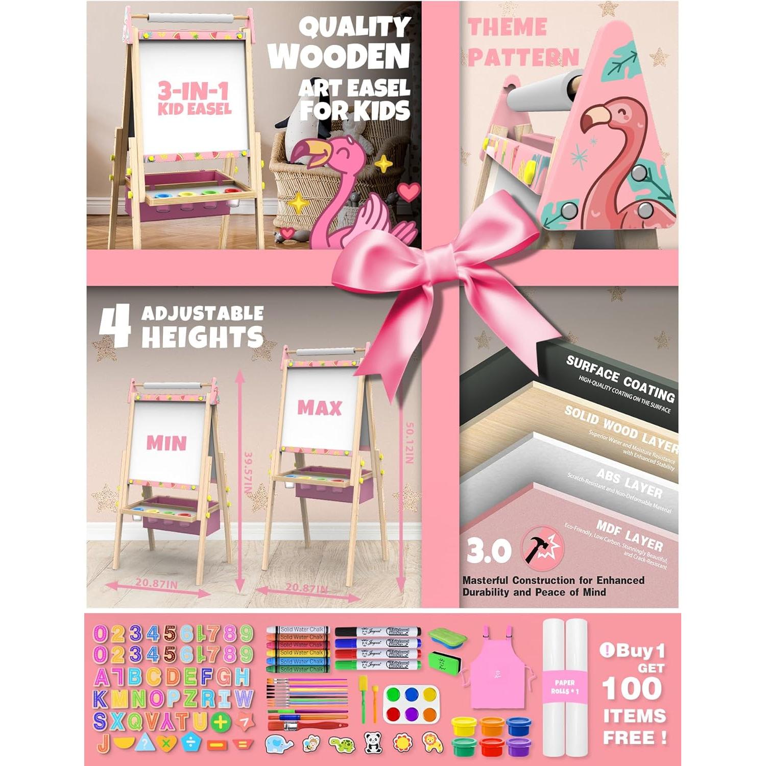 Joyooss Art Easel for Kids Easel for Toddlers,Adjustable Standing Wooden Easels Kids Whiteboard & Chalk Board Kids Dry Erase Board,Art Easel for Kids Easel for Toddlers 2-4 Years