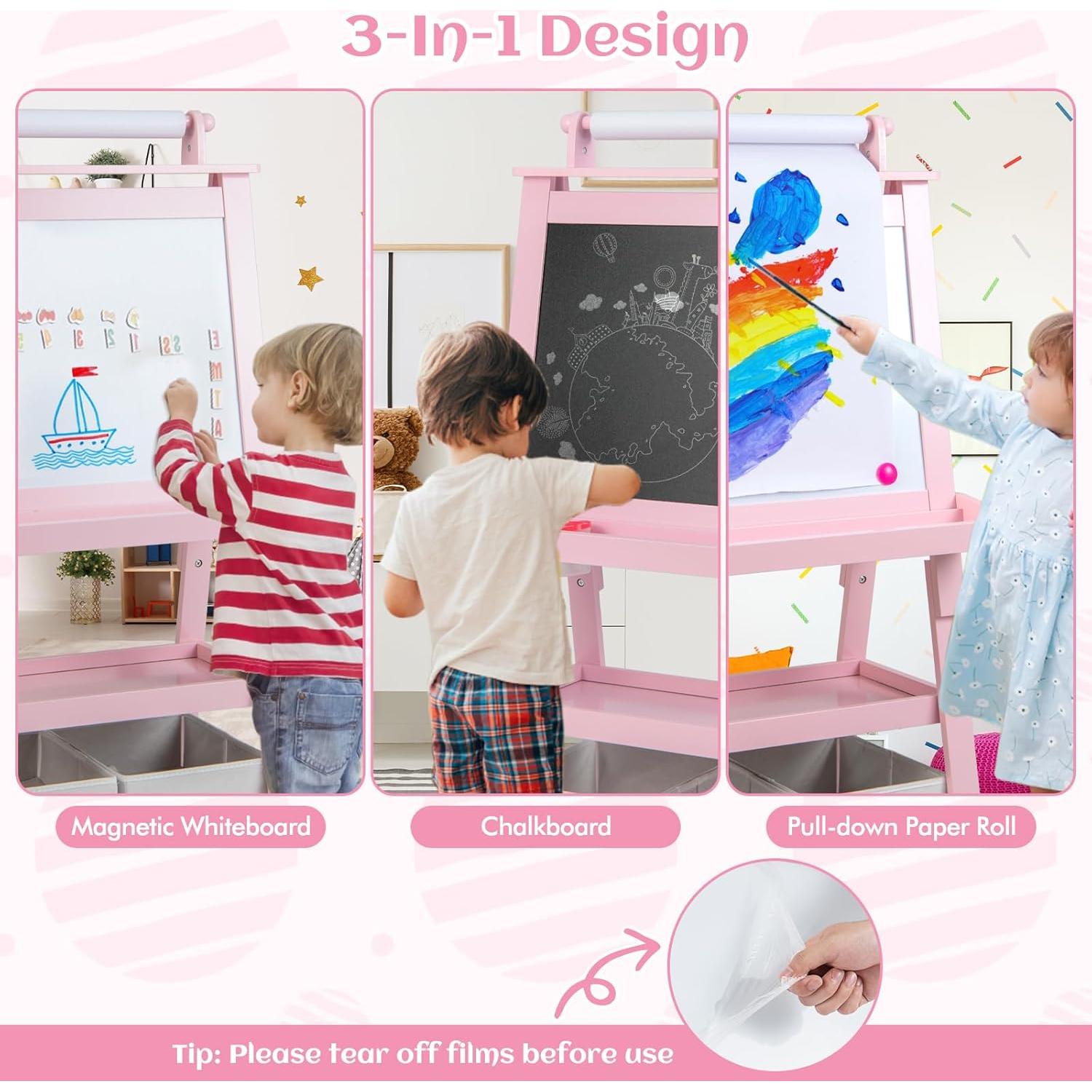 Caballete de Madera HONEY JOY 3 en 1 para Niños Rosa