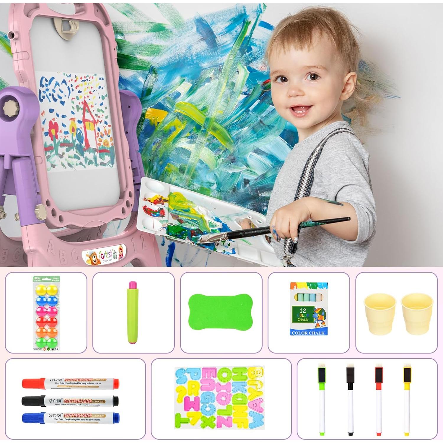 Caballete de Arte Ajustable Ylovetoys Rosa para Niños 3-5 Años