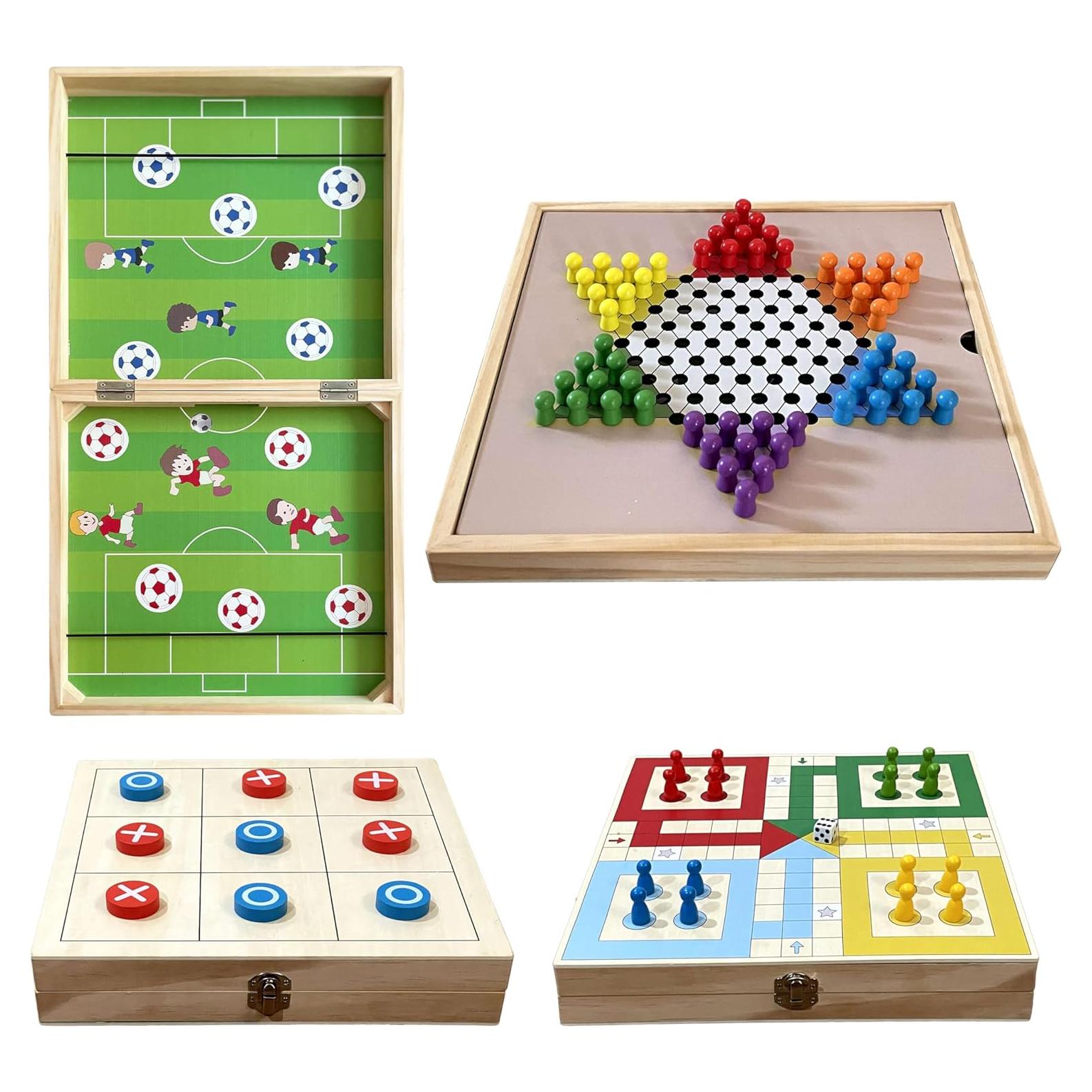 Juego de Mesa 4-en-1 de Madera Siyaa - Sling Puck, Ludo, Damas Chinas y Tres en Raya