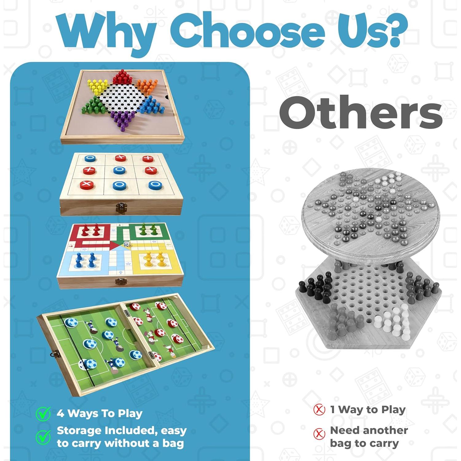 Juego de Mesa 4-en-1 de Madera Siyaa - Sling Puck, Ludo, Damas Chinas y Tres en Raya