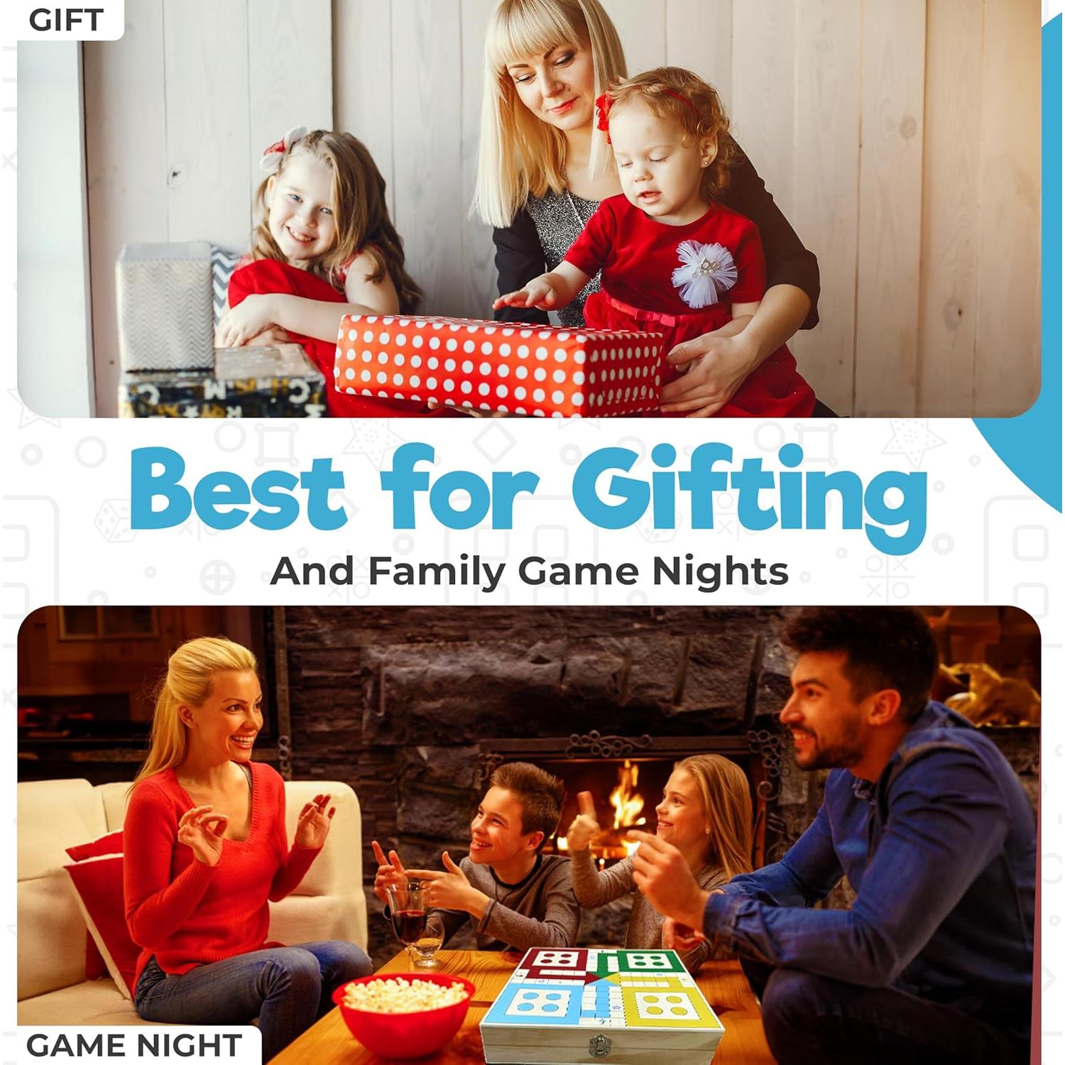 Juego de Mesa 4-en-1 de Madera Siyaa - Sling Puck, Ludo, Damas Chinas y Tres en Raya