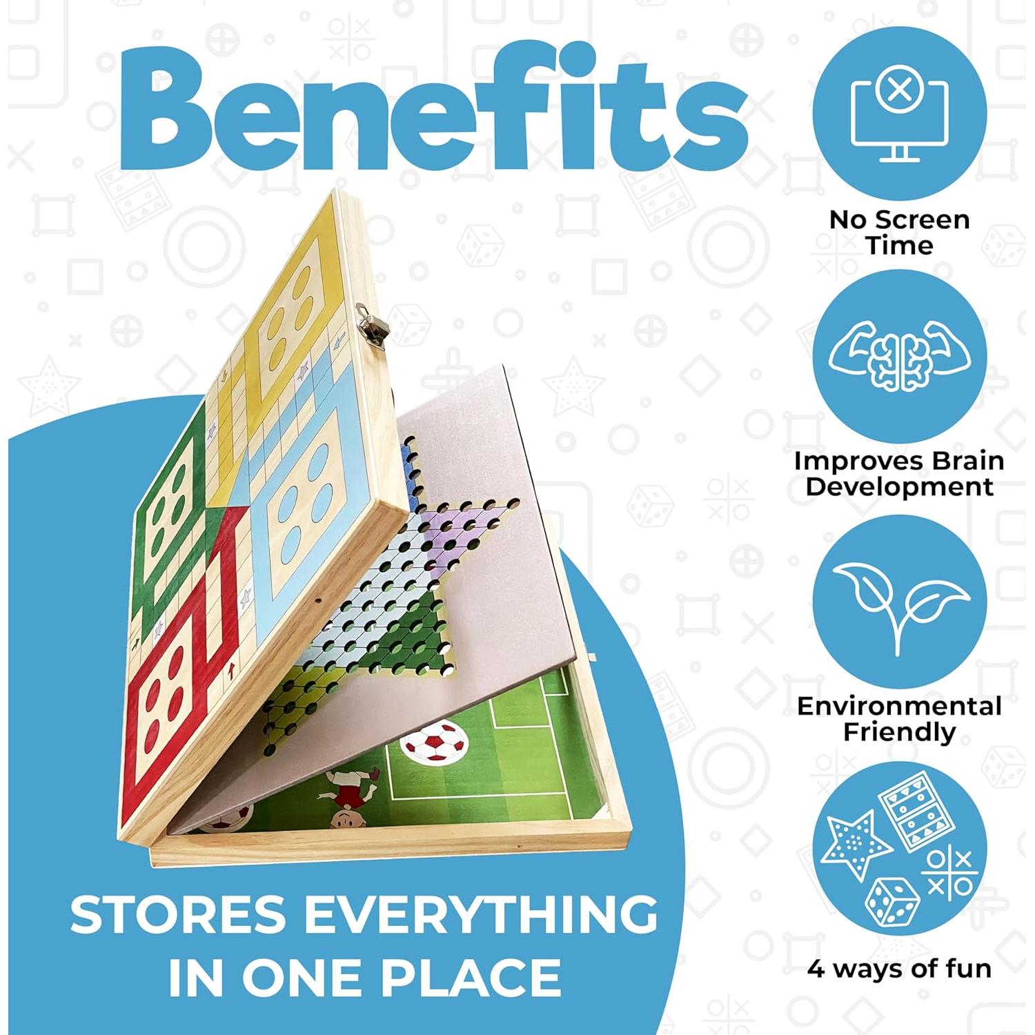 Juego de Mesa 4-en-1 de Madera Siyaa - Sling Puck, Ludo, Damas Chinas y Tres en Raya