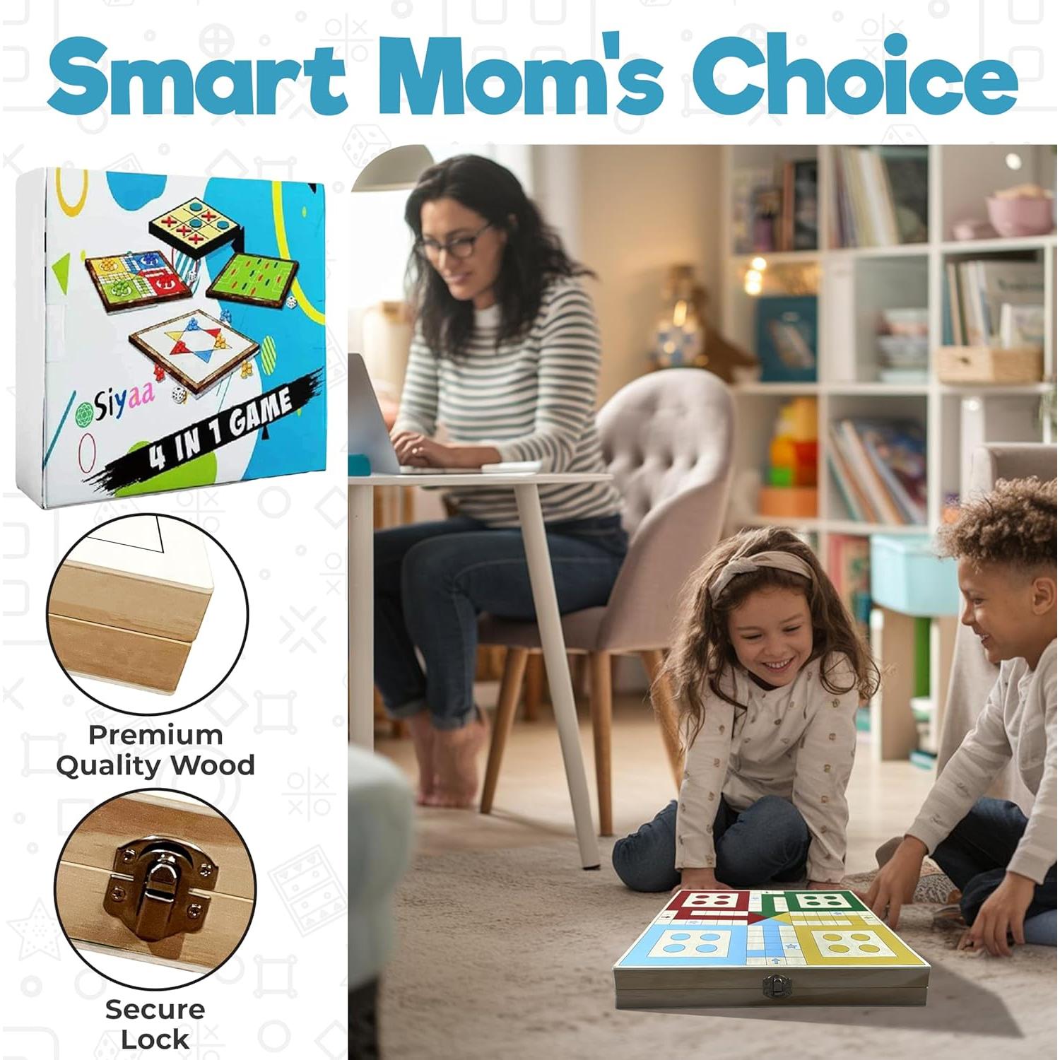 Juego de Mesa 4-en-1 de Madera Siyaa - Sling Puck, Ludo, Damas Chinas y Tres en Raya
