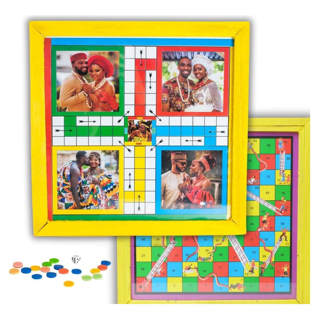 Premium African Ludu | 14in x 14in Board Game | Multi-Player Entertainment | Wood with Glass Top | with Snakes and Ladders | African Cultural Figures Will Vary (2 Sided)