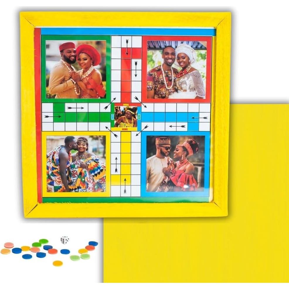 Premium African Ludu | 14in x 14in Board Game | Multi-Player Entertainment | Wood with Glass Top | with Snakes and Ladders | African Cultural Figures Will Vary (2 Sided)