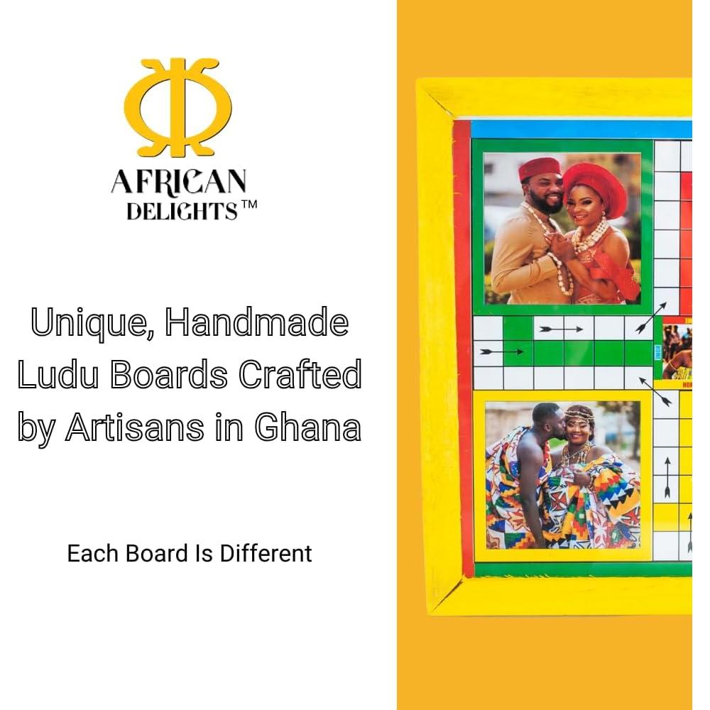 Premium African Ludu | 14in x 14in Board Game | Multi-Player Entertainment | Wood with Glass Top | with Snakes and Ladders | African Cultural Figures Will Vary (2 Sided)
