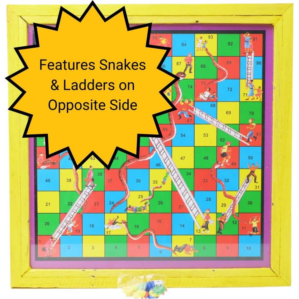 Premium African Ludu | 14in x 14in Board Game | Multi-Player Entertainment | Wood with Glass Top | with Snakes and Ladders | African Cultural Figures Will Vary (2 Sided)