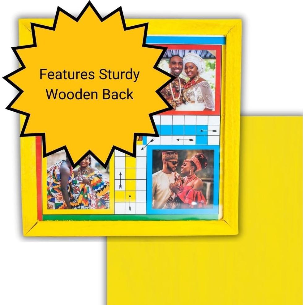 Premium African Ludu | 14in x 14in Board Game | Multi-Player Entertainment | Wood with Glass Top | with Snakes and Ladders | African Cultural Figures Will Vary (2 Sided)