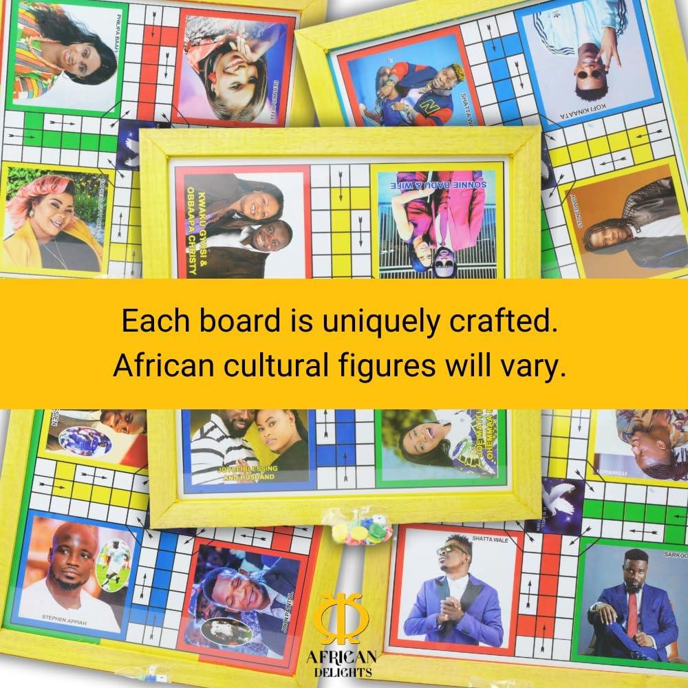 Premium African Ludu | 14in x 14in Board Game | Multi-Player Entertainment | Wood with Glass Top | with Snakes and Ladders | African Cultural Figures Will Vary (2 Sided)