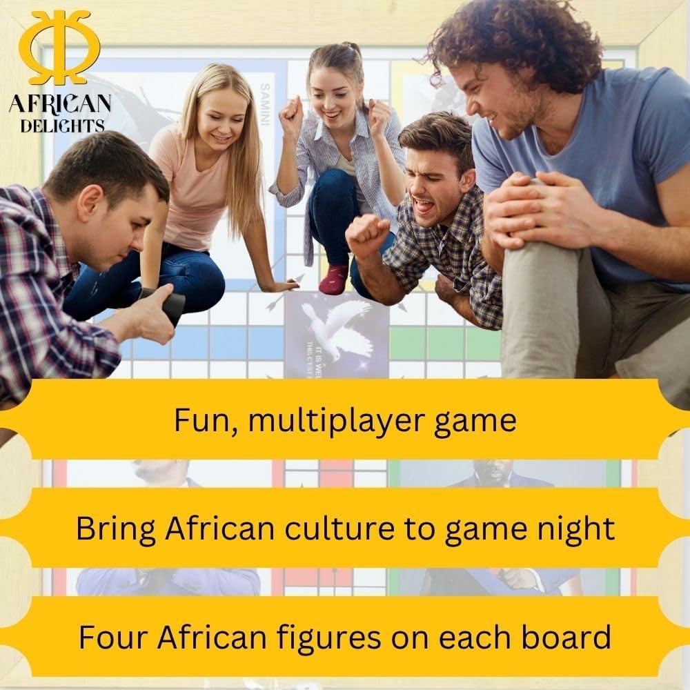 Premium African Ludu | 14in x 14in Board Game | Multi-Player Entertainment | Wood with Glass Top | with Snakes and Ladders | African Cultural Figures Will Vary (2 Sided)