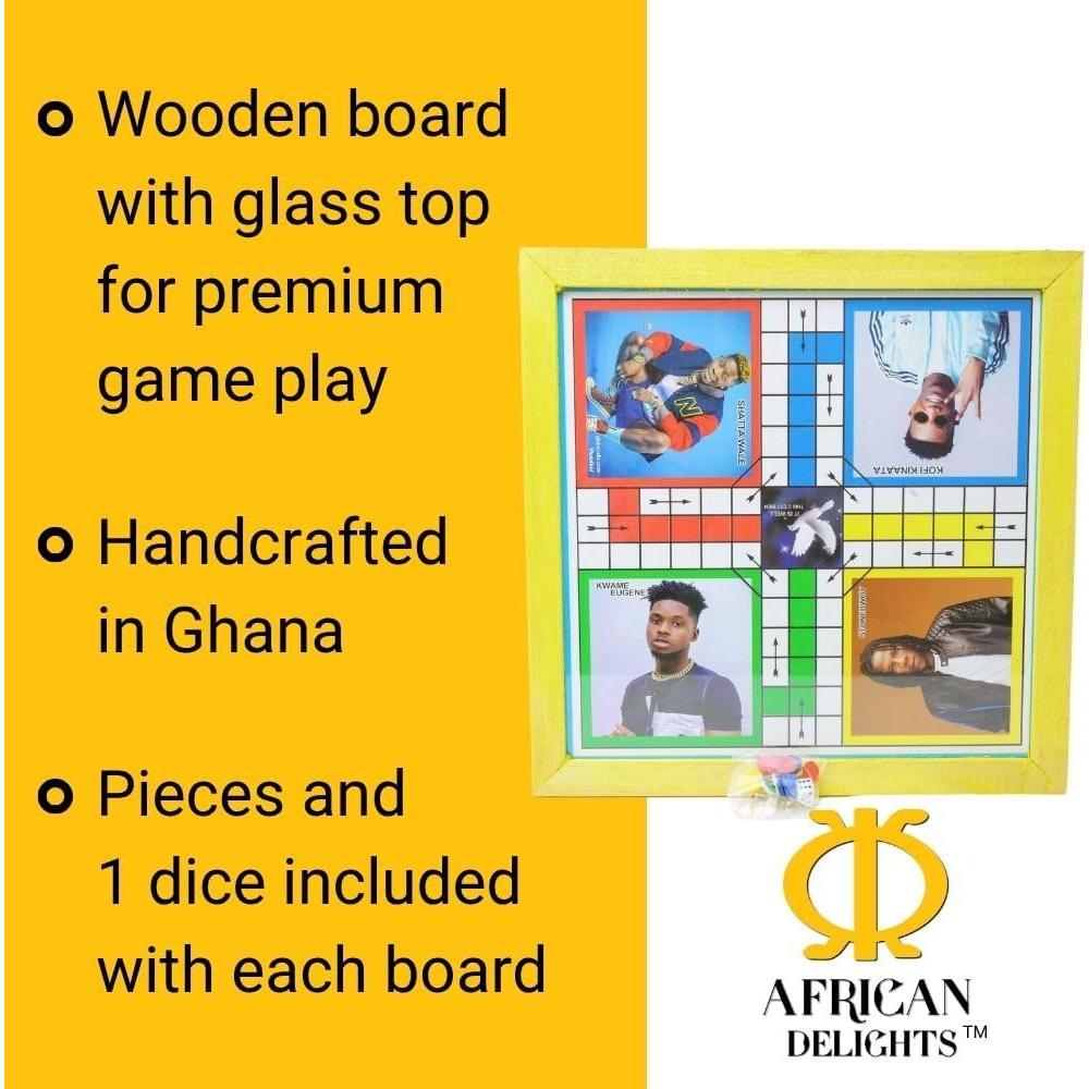 Premium African Ludu | 14in x 14in Board Game | Multi-Player Entertainment | Wood with Glass Top | with Snakes and Ladders | African Cultural Figures Will Vary (2 Sided)