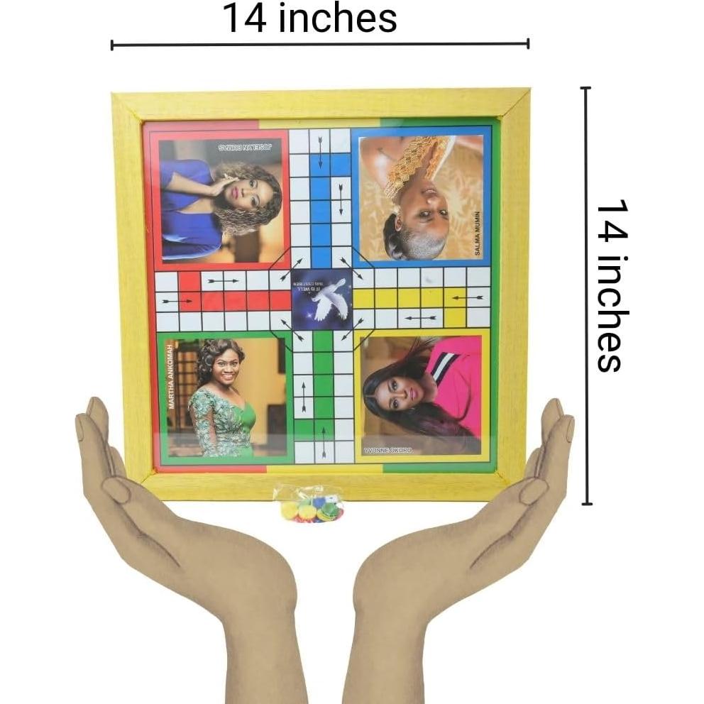 Premium African Ludu | 14in x 14in Board Game | Multi-Player Entertainment | Wood with Glass Top | with Snakes and Ladders | African Cultural Figures Will Vary (2 Sided)