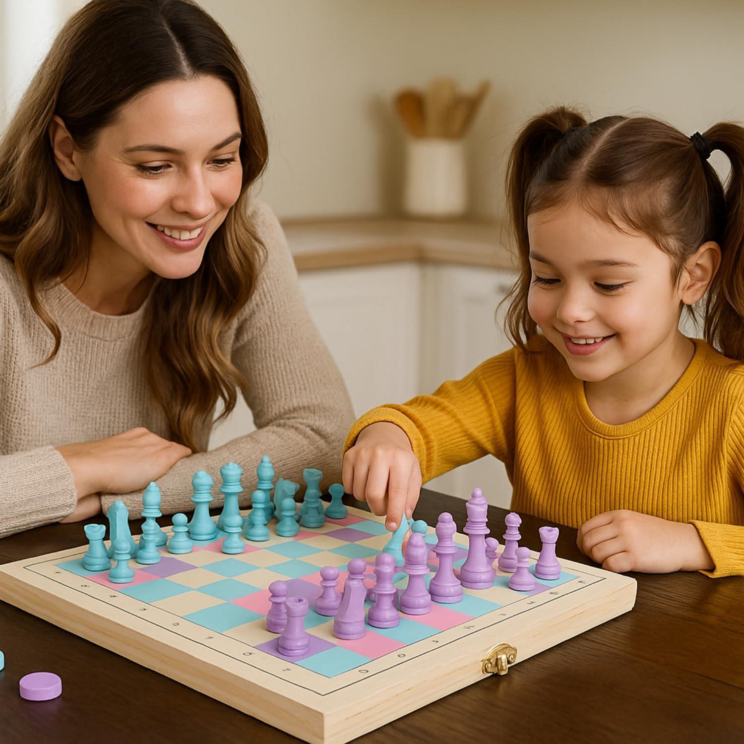 Juego de Ajedrez y Damas de Madera 2 en 1 - 28 cm - Ideal para Niños