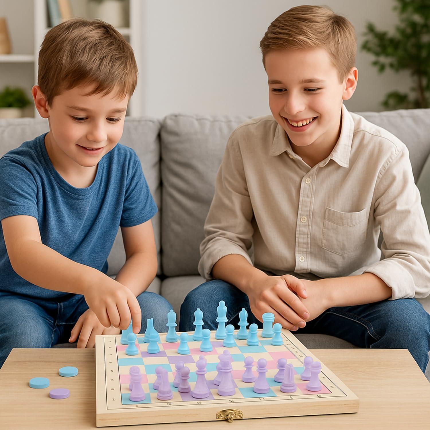 Juego de Ajedrez y Damas de Madera 2 en 1 - 28 cm - Ideal para Niños