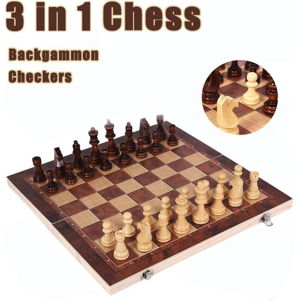 Juego de Ajedrez 3 en 1 DUBSTAR Plegable de Madera 43x43 cm