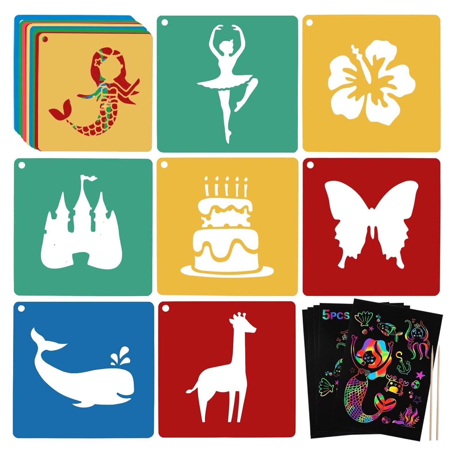 20 Plantillas de Dibujo ViikiFain 20x20 cm + 5 Papeles para Rascar