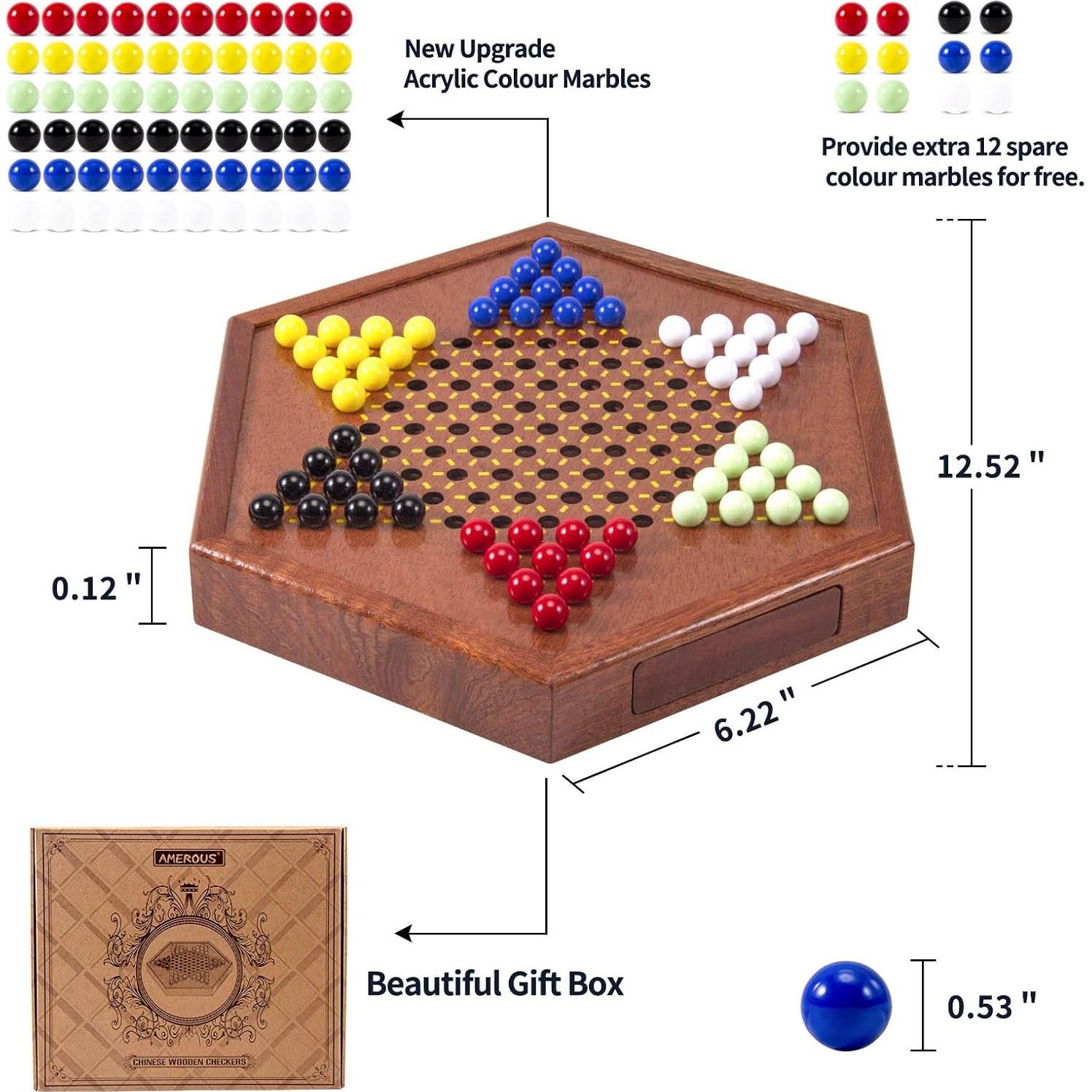 Juego de Damas Chinas de Madera AMEROUS 31.75 cm con 60 Canicas