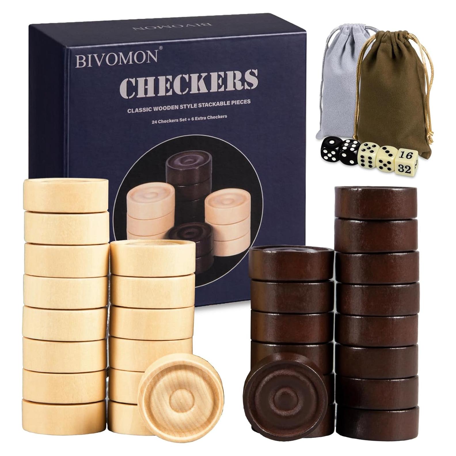 Juego de Damas de Madera BIVOMON - 30 Piezas + 5 Dados