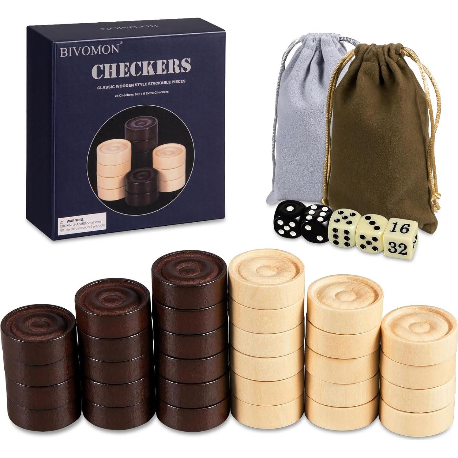 Juego de Damas de Madera BIVOMON - 30 Piezas + 5 Dados