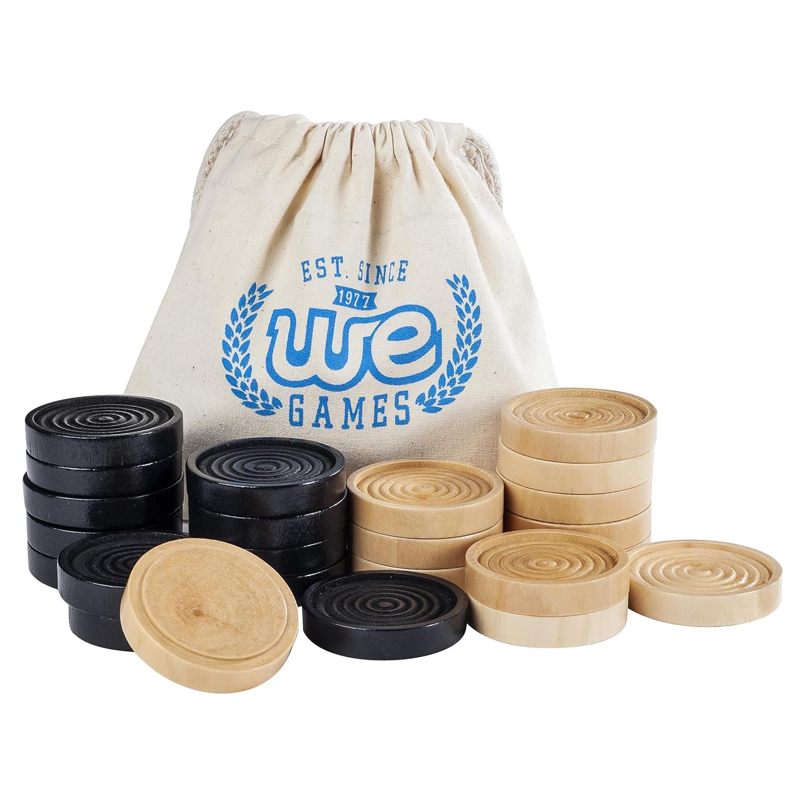 WE Games Wooden Checkers Pieces Only (2 inch), Checker Board Game & Backgammon Pieces, 24 Natural and Black Stained Stackable Ridges with a Drawstring Storage Bag, Replacement Game Piece